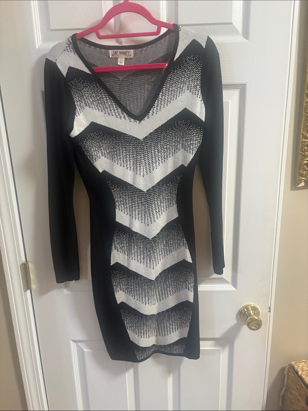 Say What? Black and White Chevron V-Neck Long Sleeve Dress